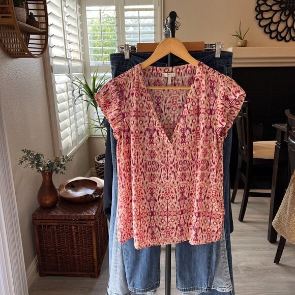 Joie Blouse Womens Size XS Pink Purple 100% Silk Bohemian Abstract Design V Neck - Picture 12 of 12